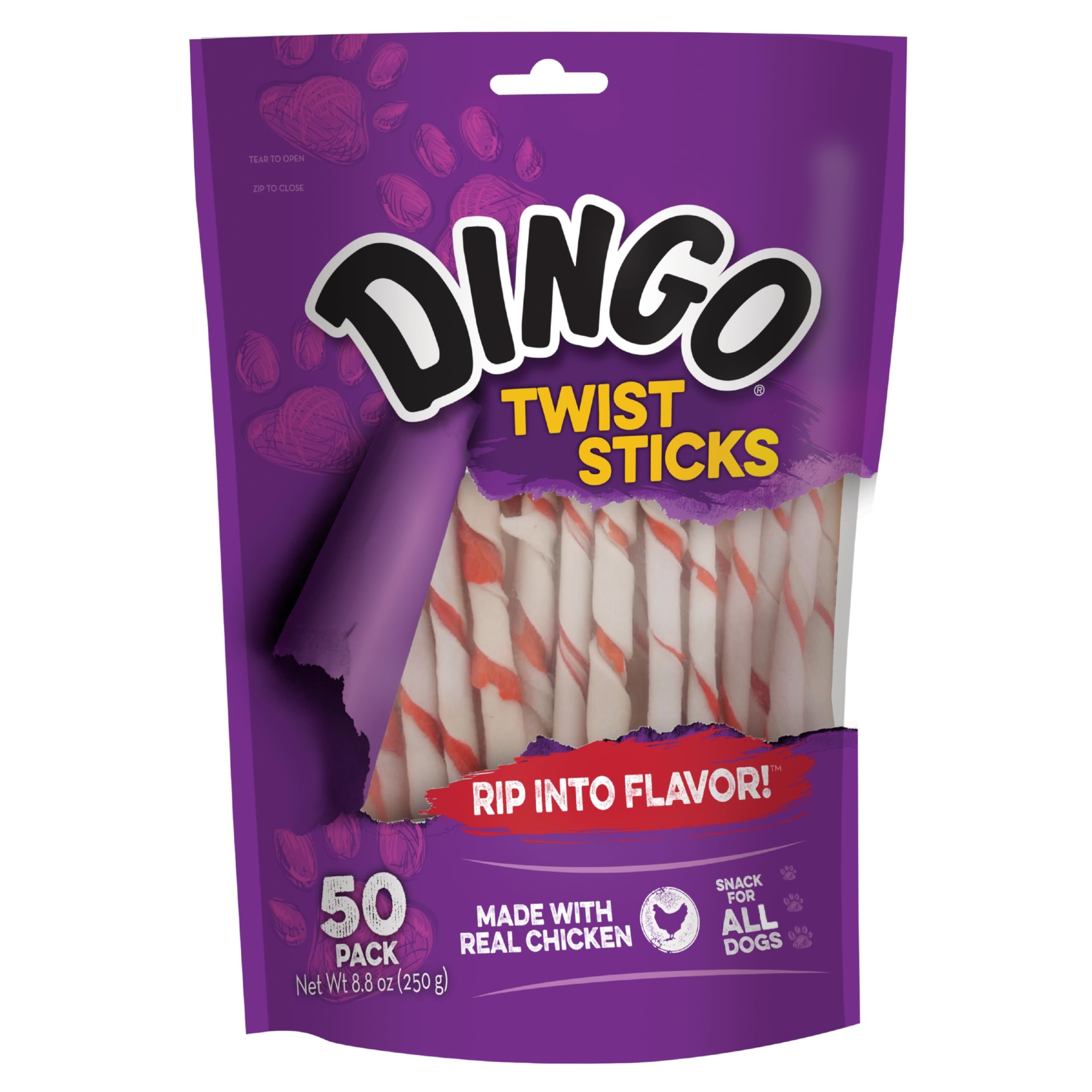 Dingo empaque frontal de Twist Sticks mostrando cantidad y formato, atractivo y claro