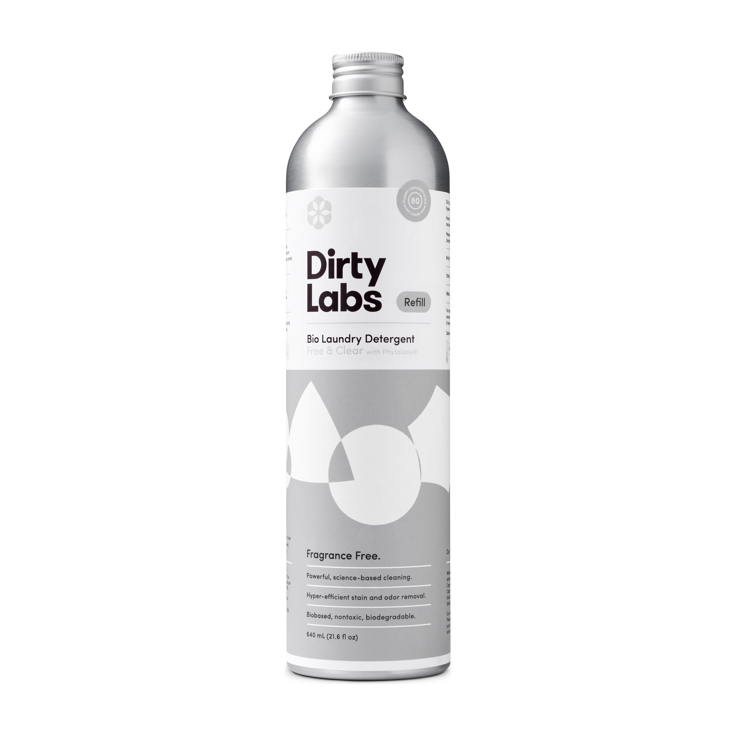 Dirty Labs frente del envase mostrando tamaño y diseño, limpia y eficiente