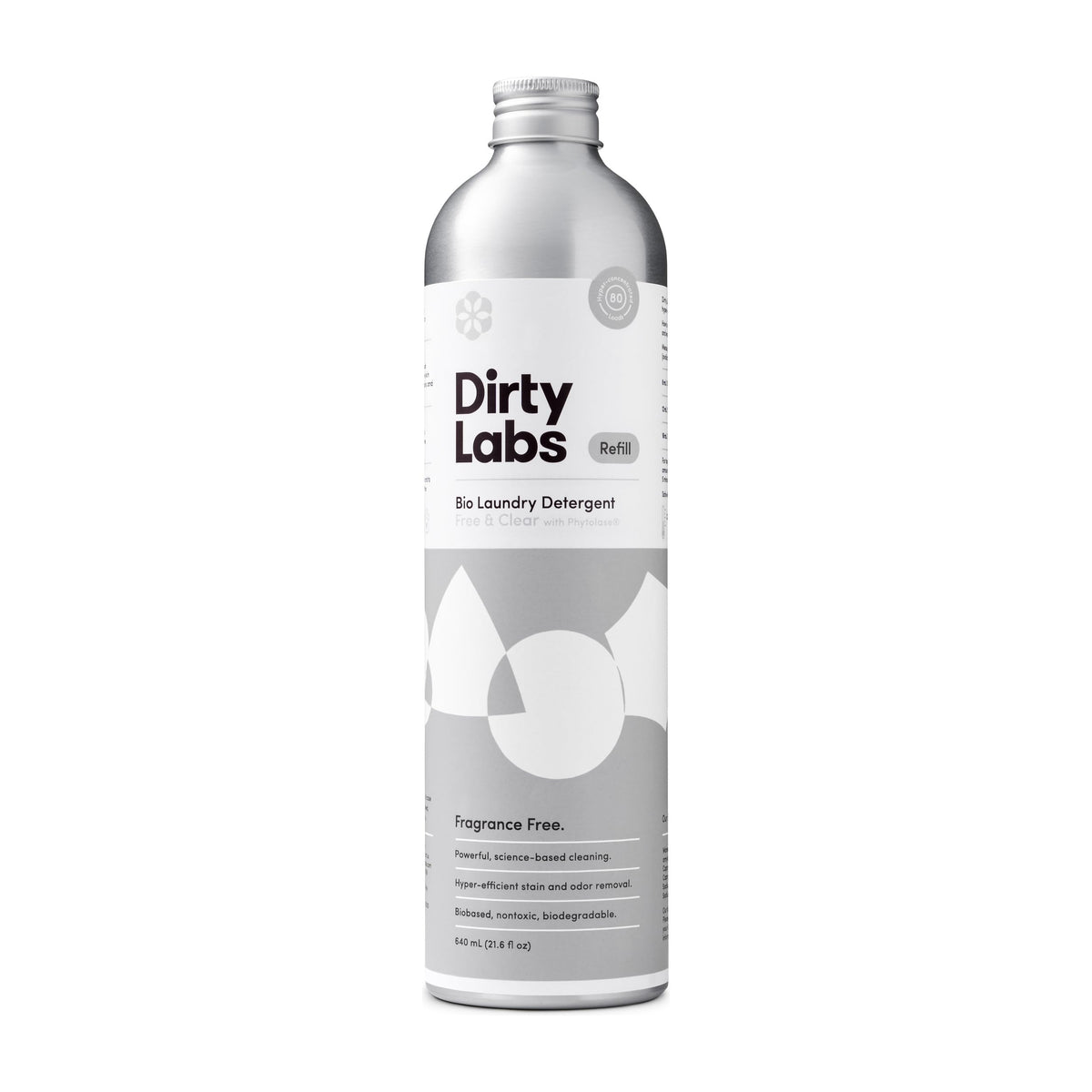 Dirty Labs frente del envase mostrando tamaño y diseño, limpia y eficiente