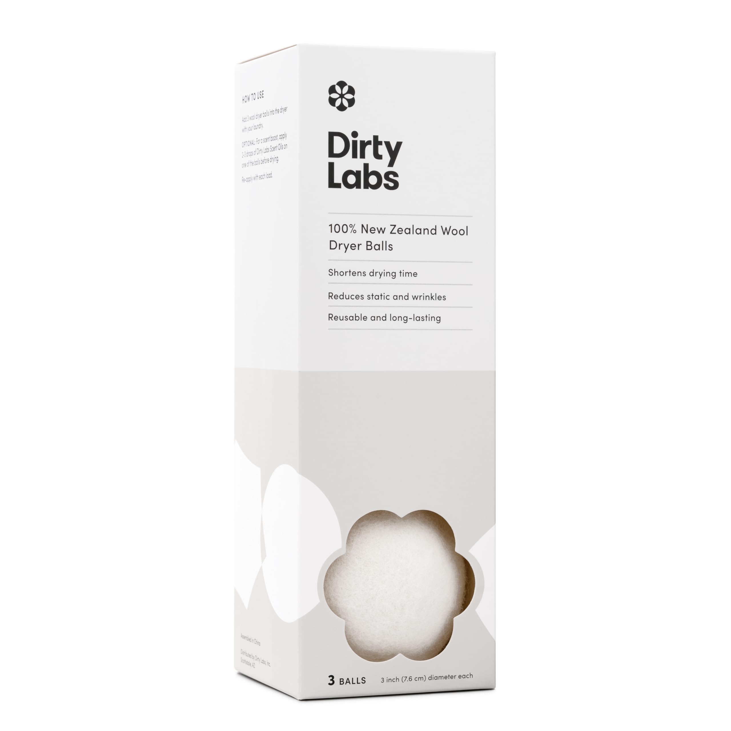 Dirty Labs paquete frontal mostrando las tres bolas y beneficio ecológico