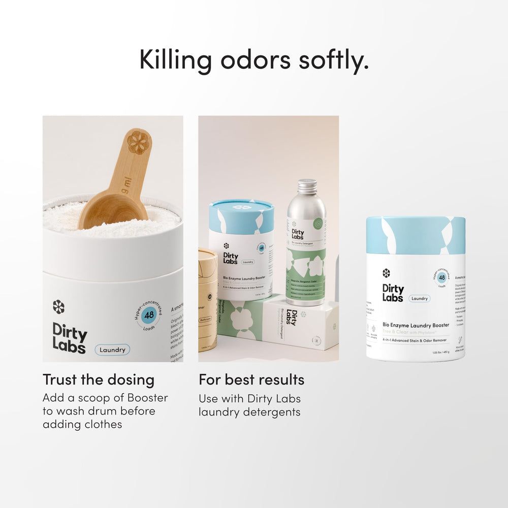 Dirty Labs recyclable packaging flatlay with scoop, emphasizing low-waste design