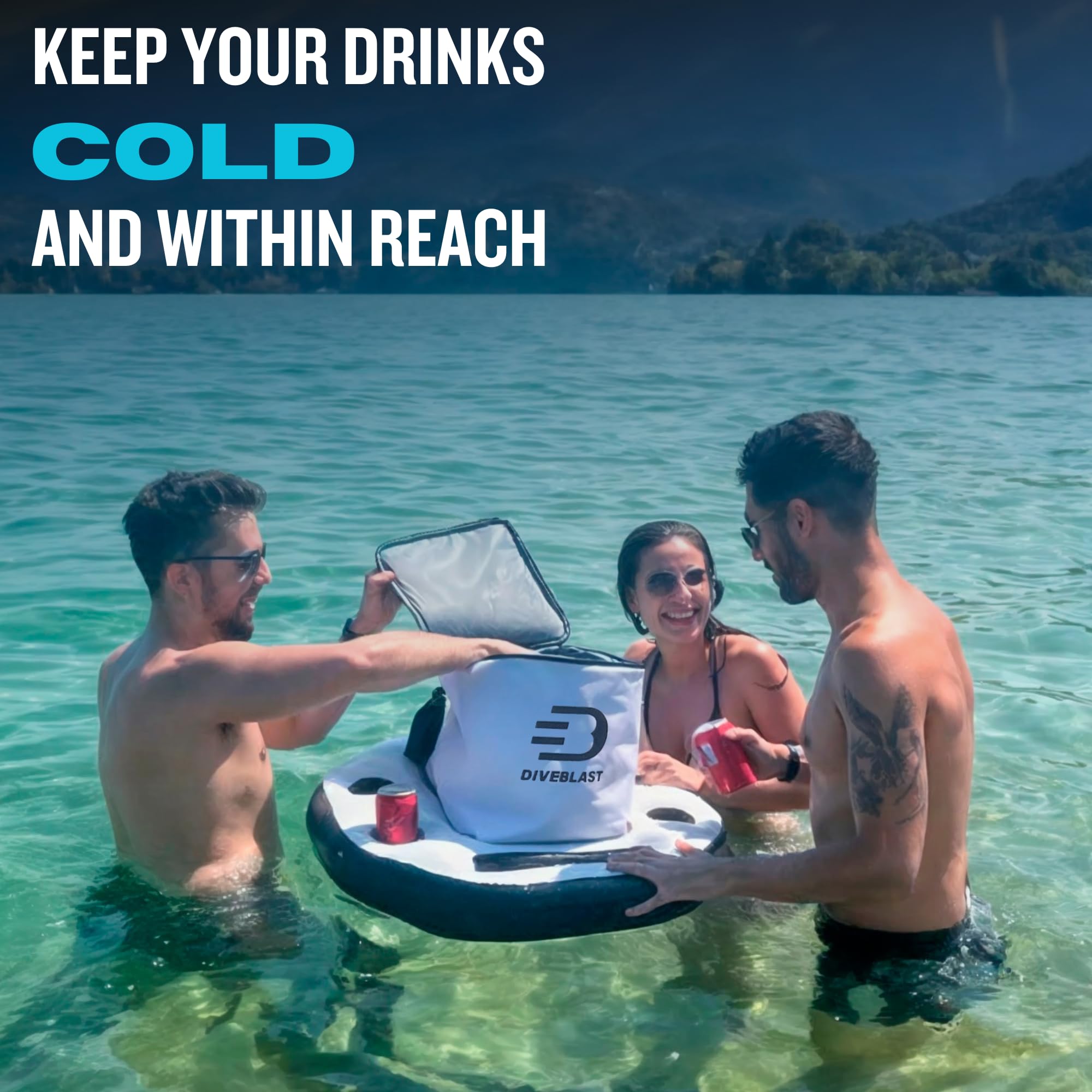 DIVEBLAST flotador junto a kayak en lago, portátil y estable