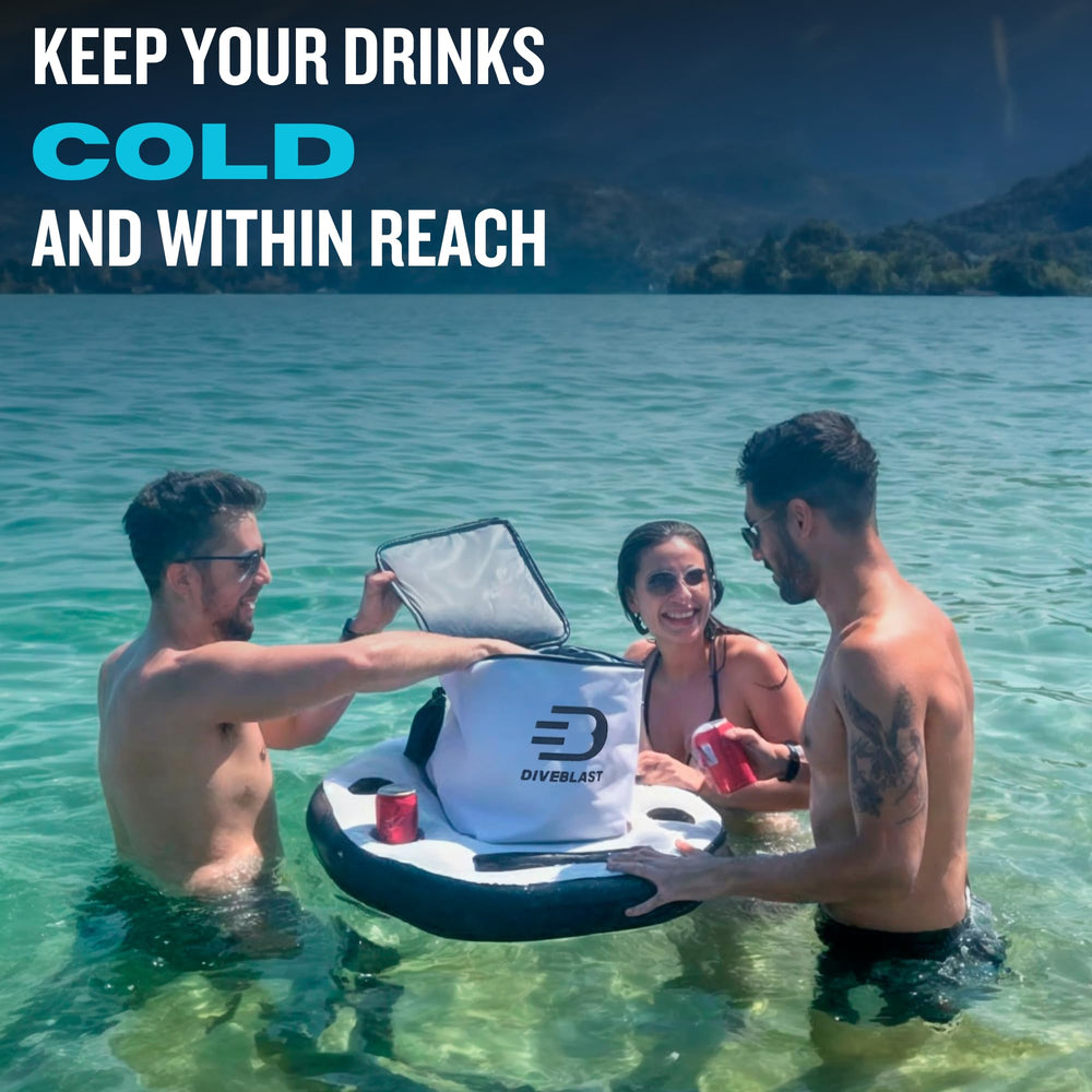 DIVEBLAST flotador junto a kayak en lago, portátil y estable