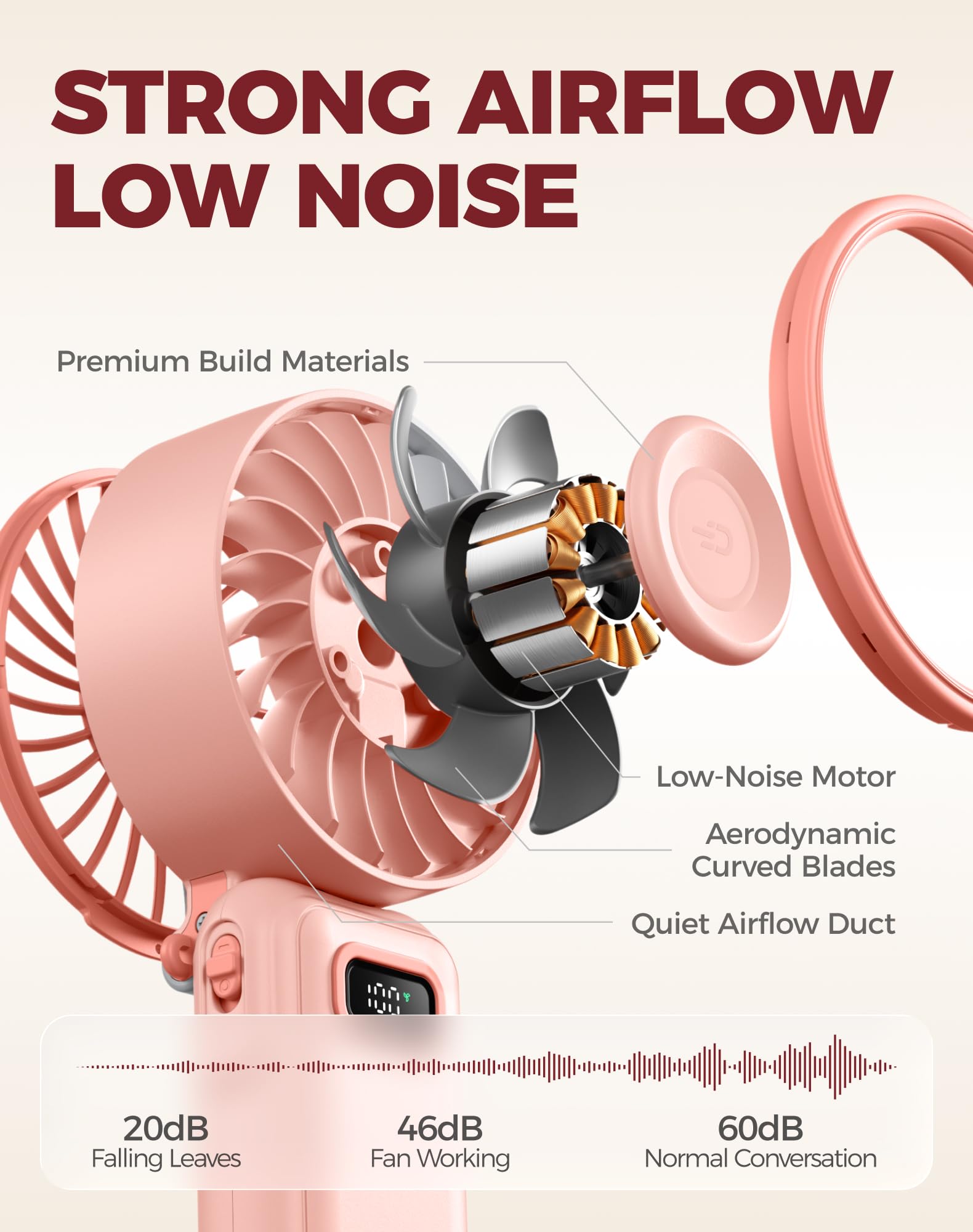 diveblues ventilador plegado junto a un teléfono para mostrar tamaño compacto