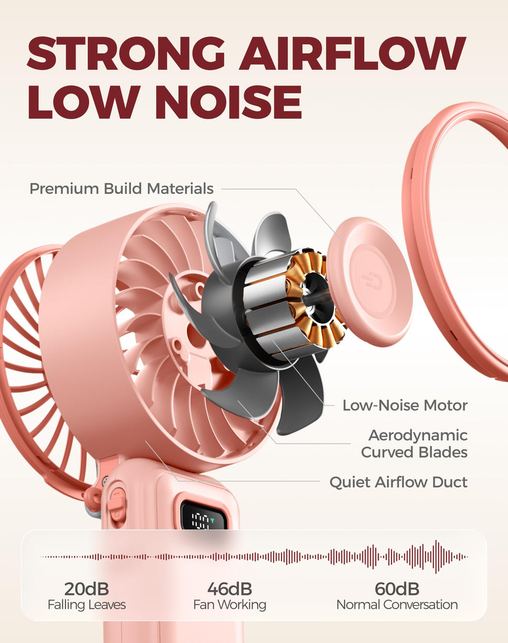 diveblues ventilador plegado junto a un teléfono para mostrar tamaño compacto