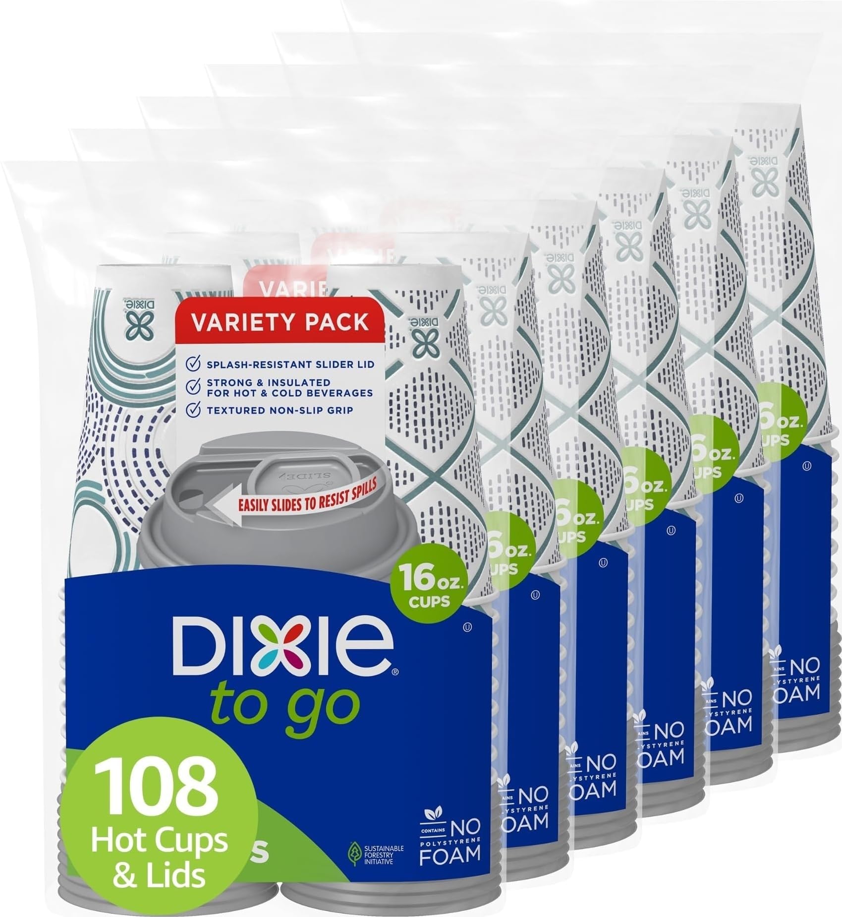 Dixie vaso frontal 16 oz con tapa mostrando conveniencia