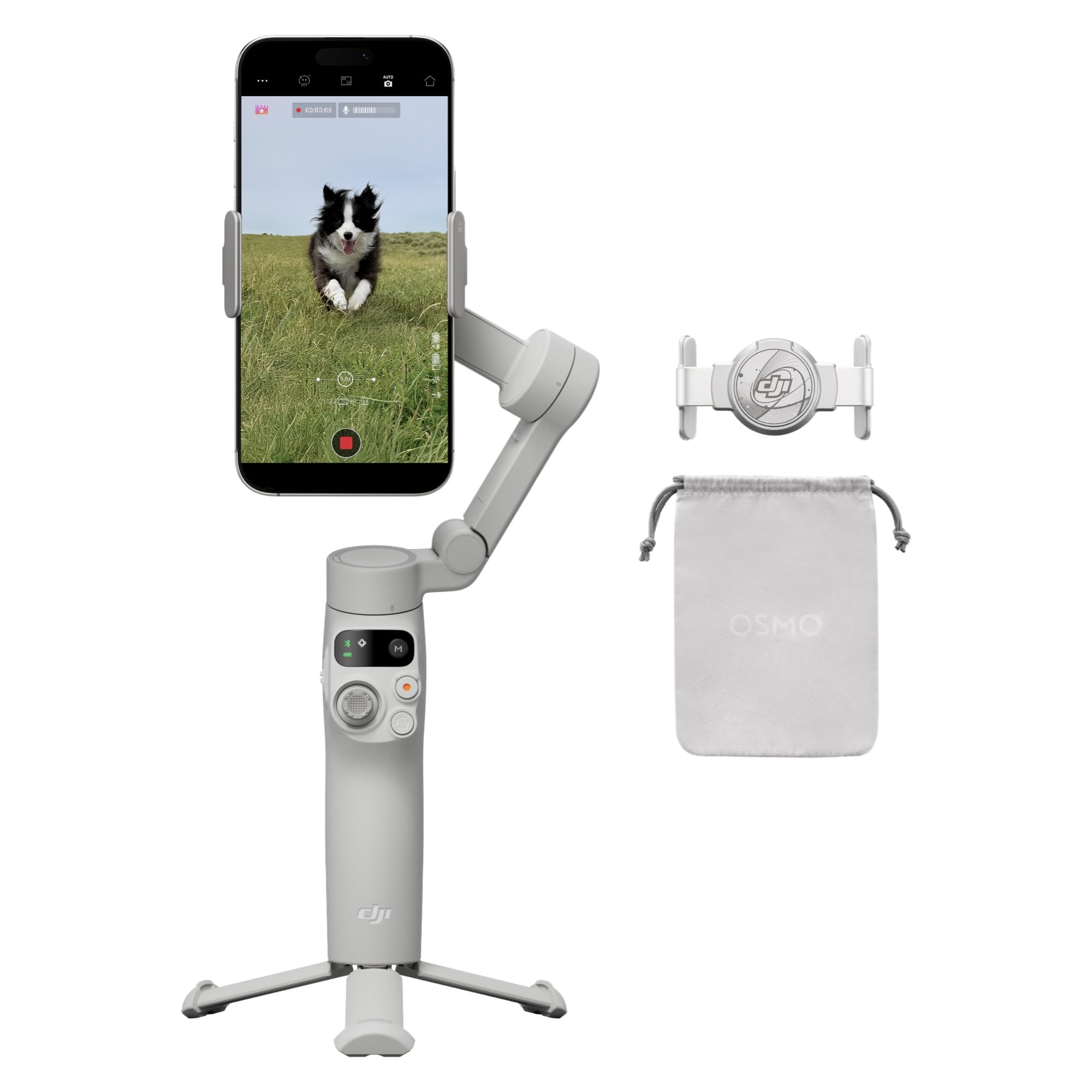 DJI Osmo Mobile 7 frontal mostrando estabilidad y diseño ligero