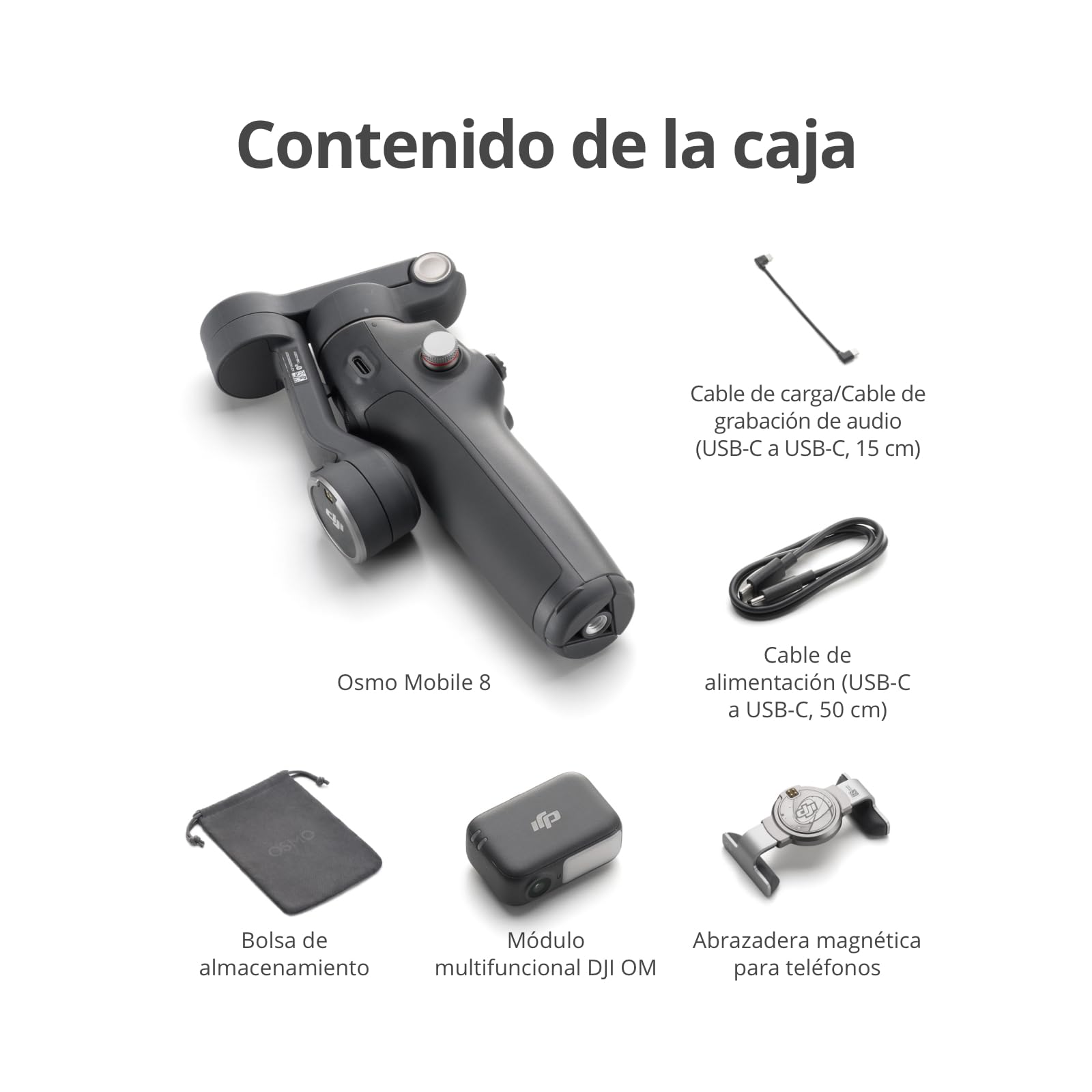DJI Osmo Mobile 8 accesorios incluidos mostrando módulo multifunción