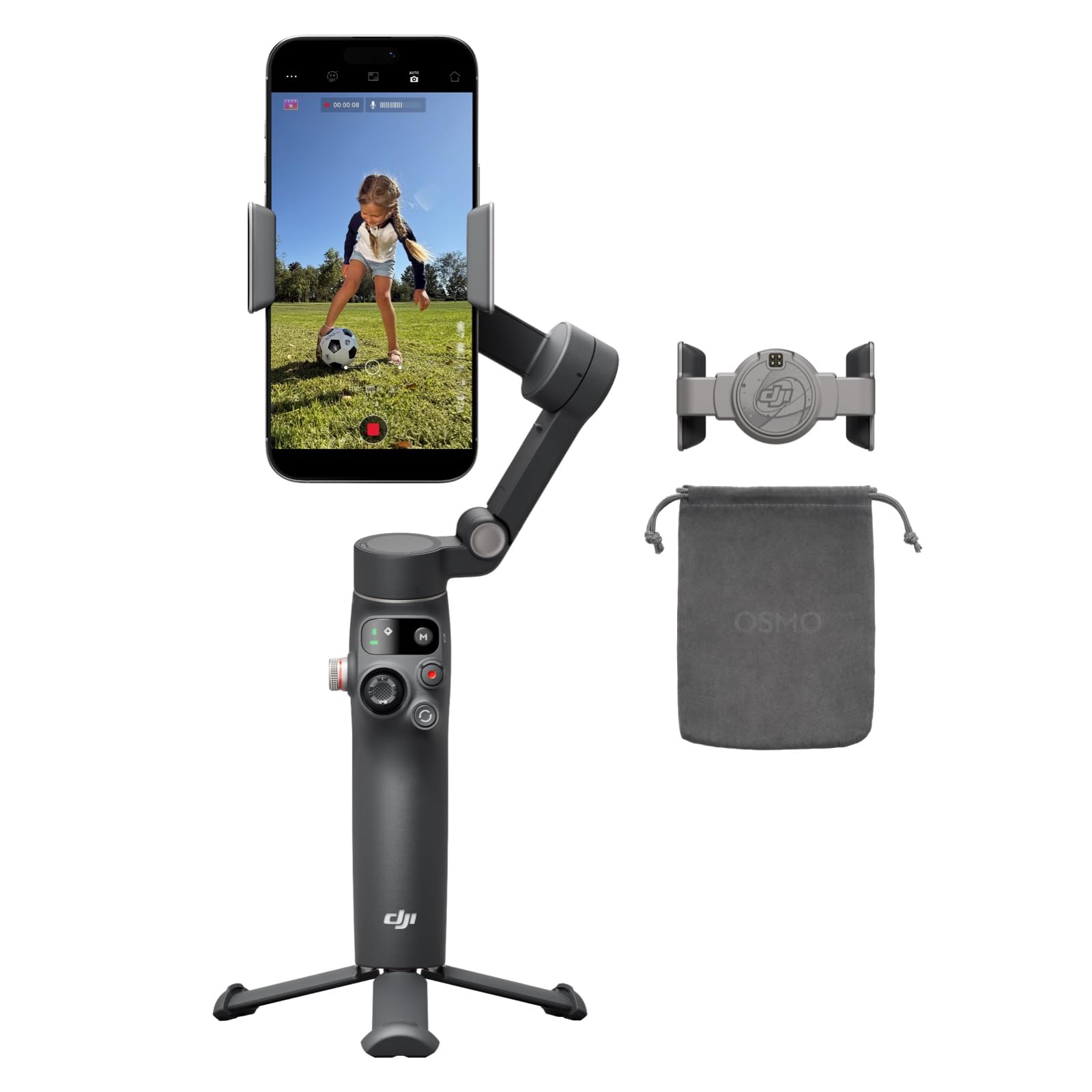 DJI Osmo Mobile 8 frontal mostrando el gimbal y la abrazadera magnética, alta estabilidad