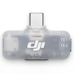 DJI receptor vista frontal mostrando puerto USB-C y diseño compacto, conexión rápida