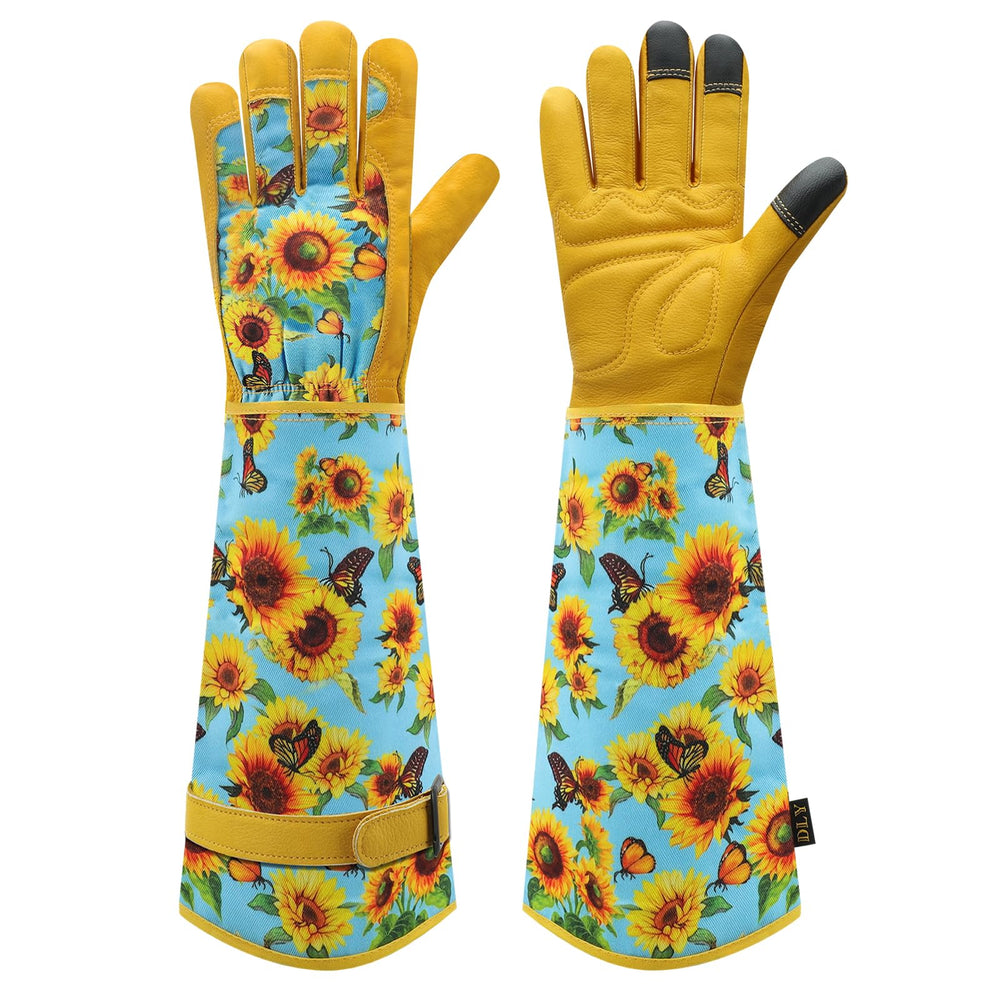 DLY guantes vista frontal de embalaje mostrando diseño floral y cuero, protección visible
