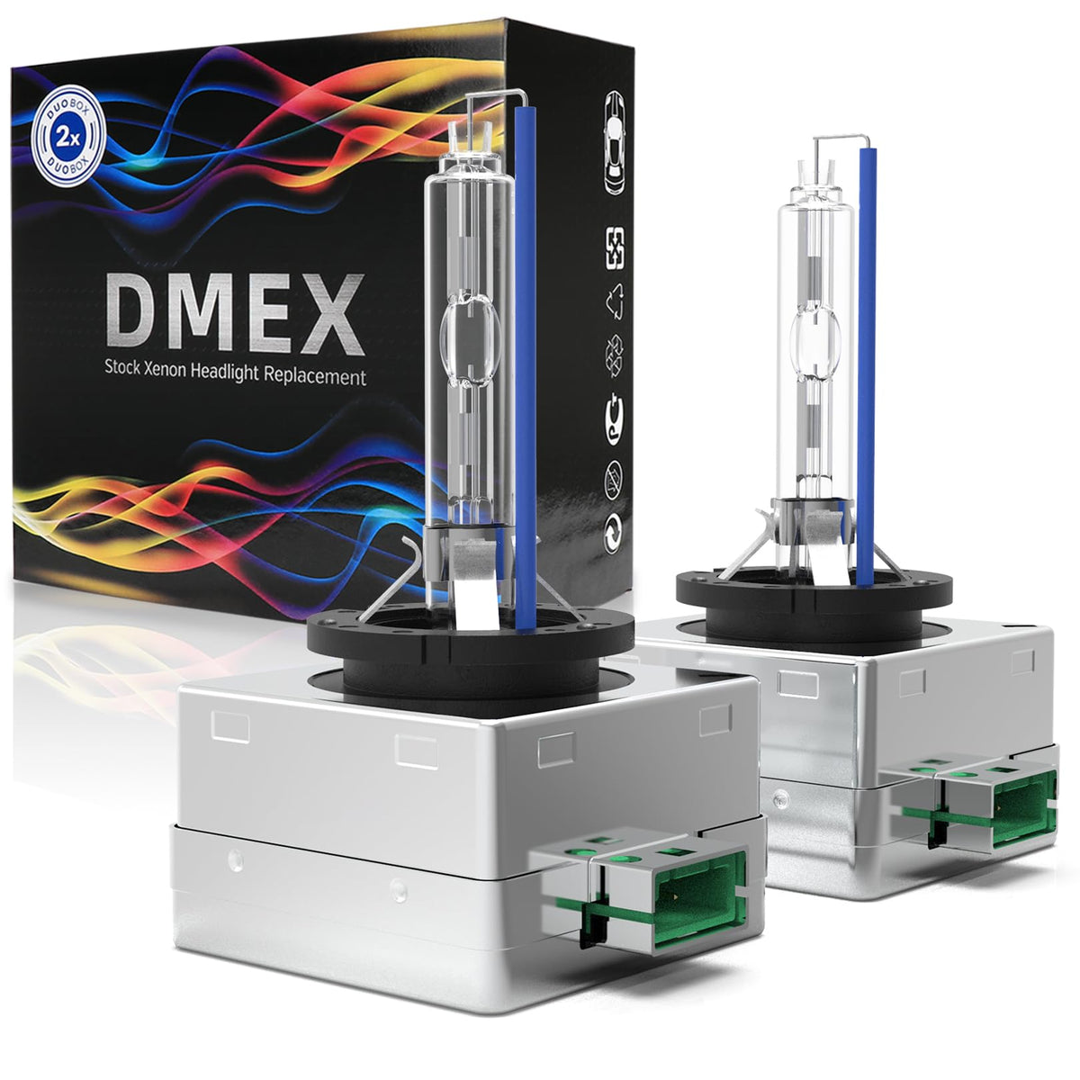 DMEX bombilla D3S frente en caja mostrando pack de dos y protección, mejora de recambio
