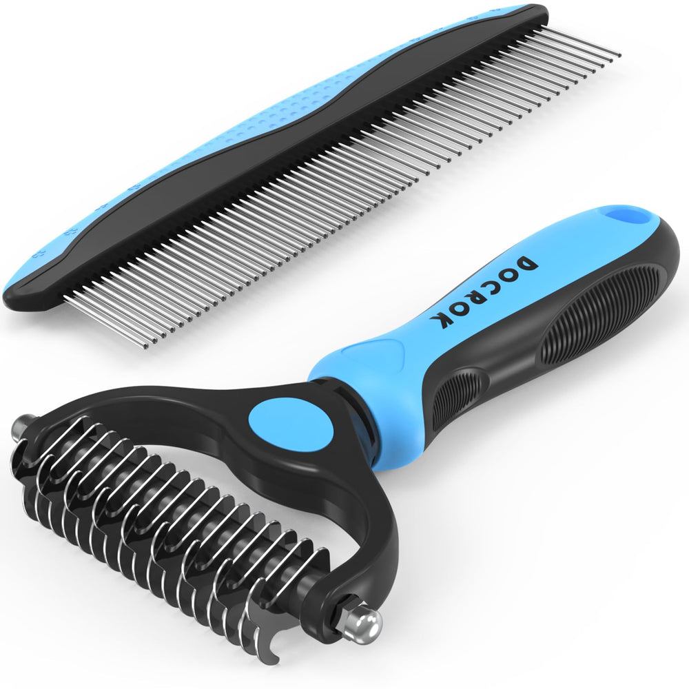 Docrok cepillo frontal mostrando diseño azul y beneficios de desshedding