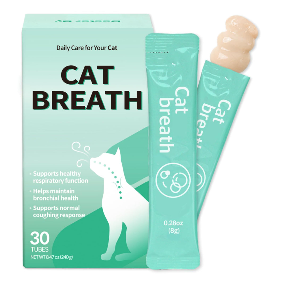 Doctor By frasco y caja del producto Cat Breath mostrando presentación de venta y beneficios