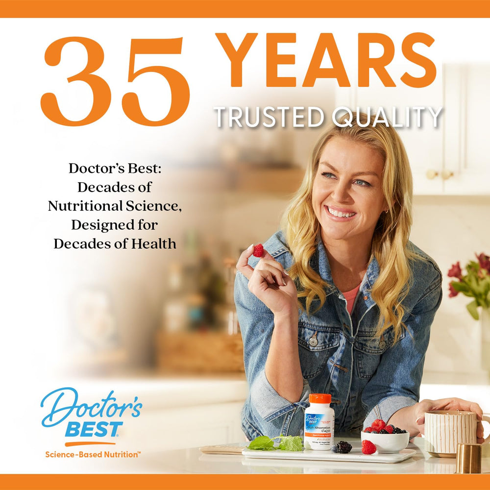 Doctor's BEST suplemento en mesa junto a frutas y cuaderno de hábitos saludables