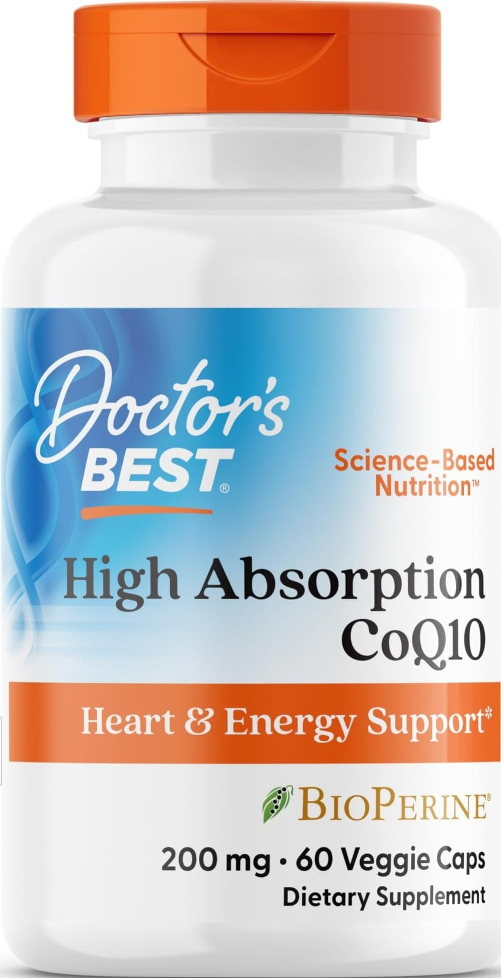 Doctor's BEST envase frontal del CoQ10 200 mg mostrando etiqueta clara y cantidad