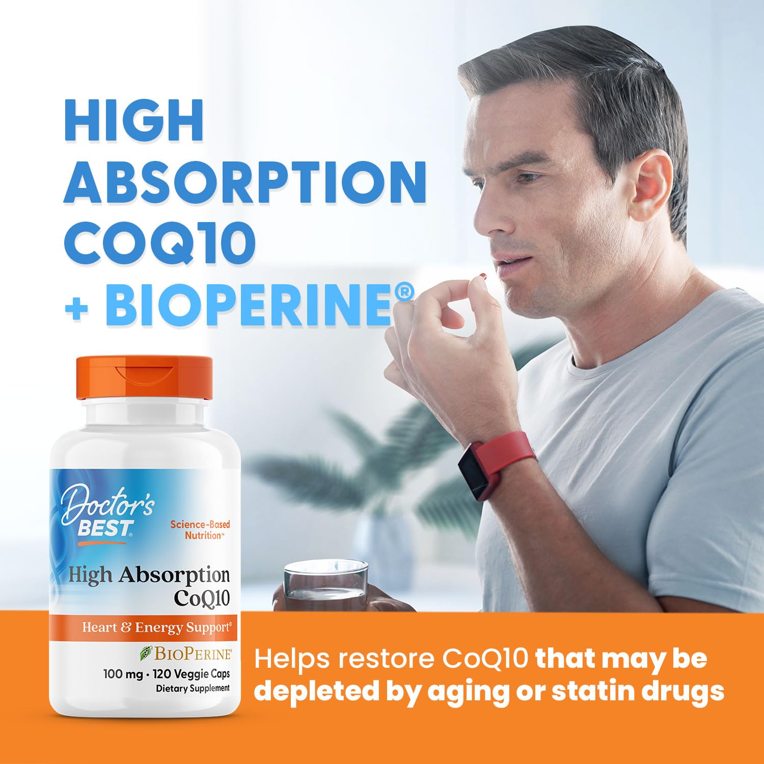 Doctor's BEST label close-up highlighting CoQ10 100 mg and BioPerine ingredients