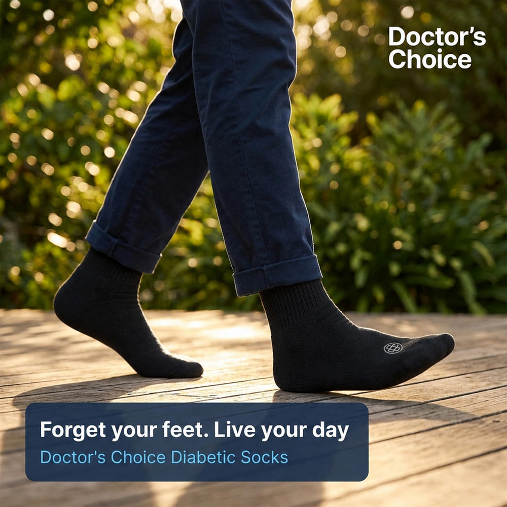 Doctor's Choice escena de estilo de vida con persona mayor usando calcetines cómodos todo el día
