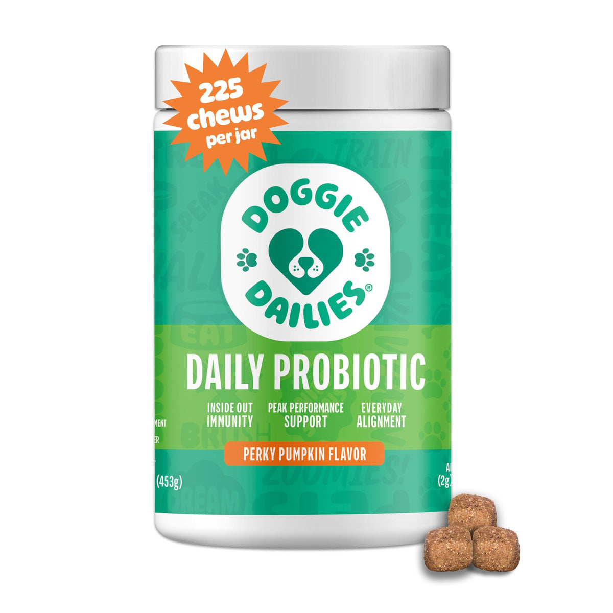 Doggie Dailies envase frontal grande mostrando 225 unidades y conveniencia