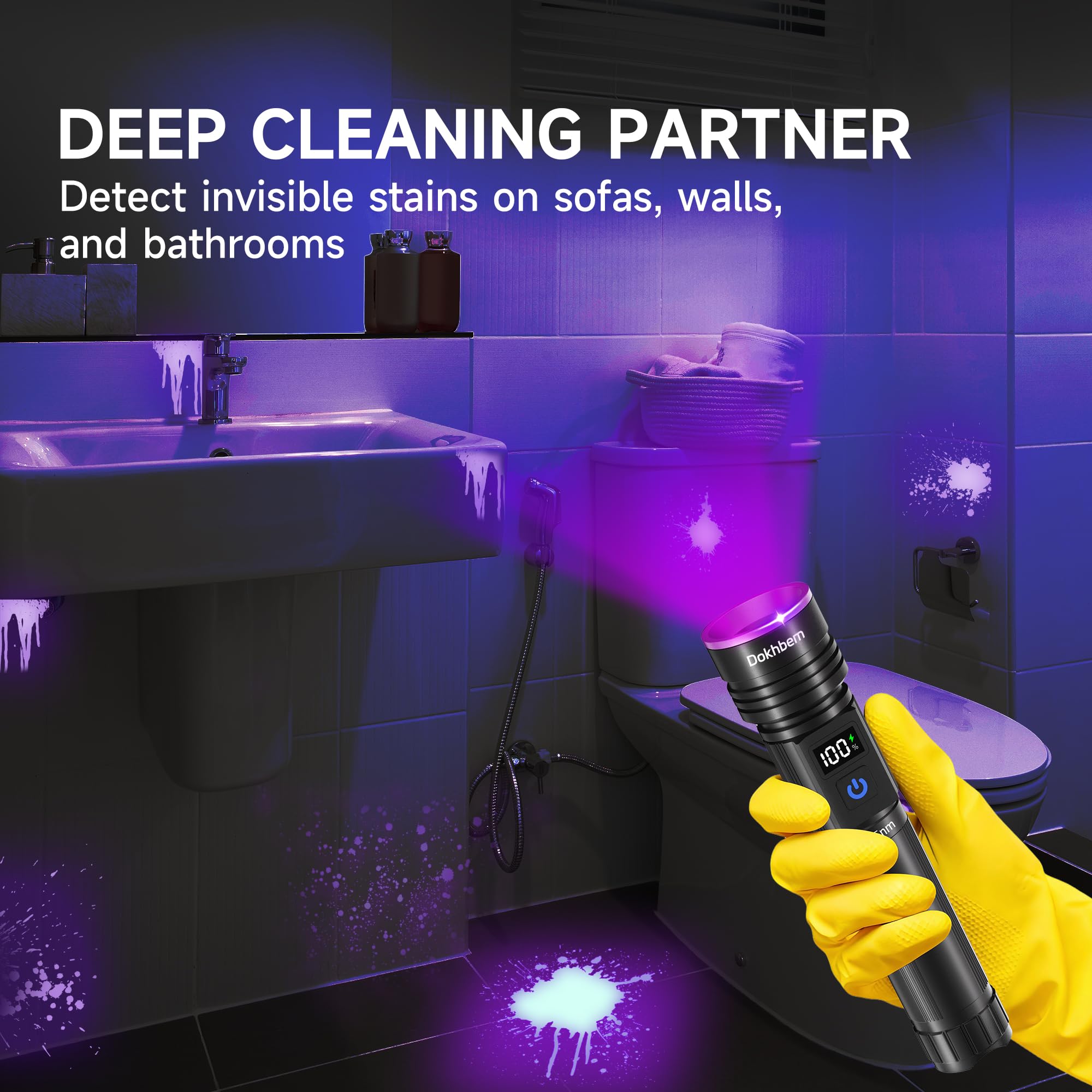 Dokhbem beam illuminating carpet stains to reveal pet urine and hidden spots