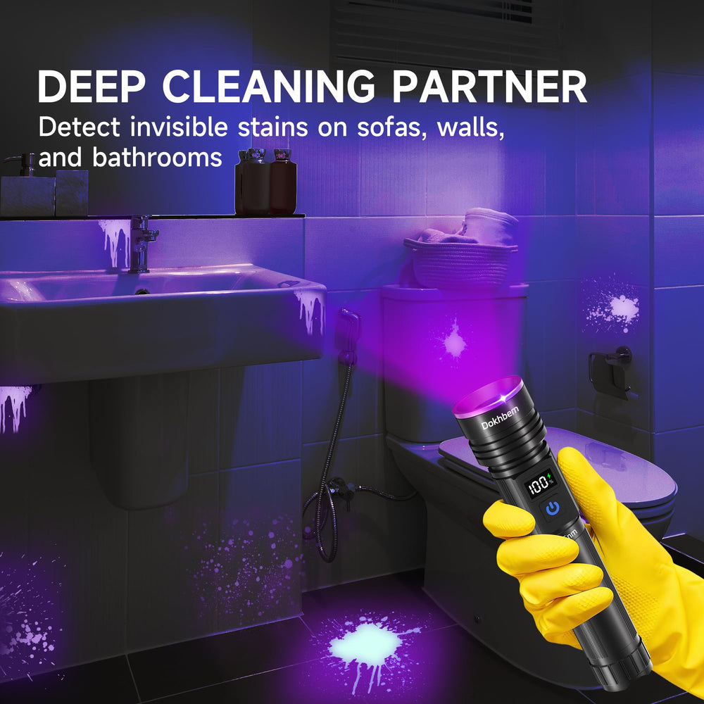 Dokhbem beam illuminating carpet stains to reveal pet urine and hidden spots