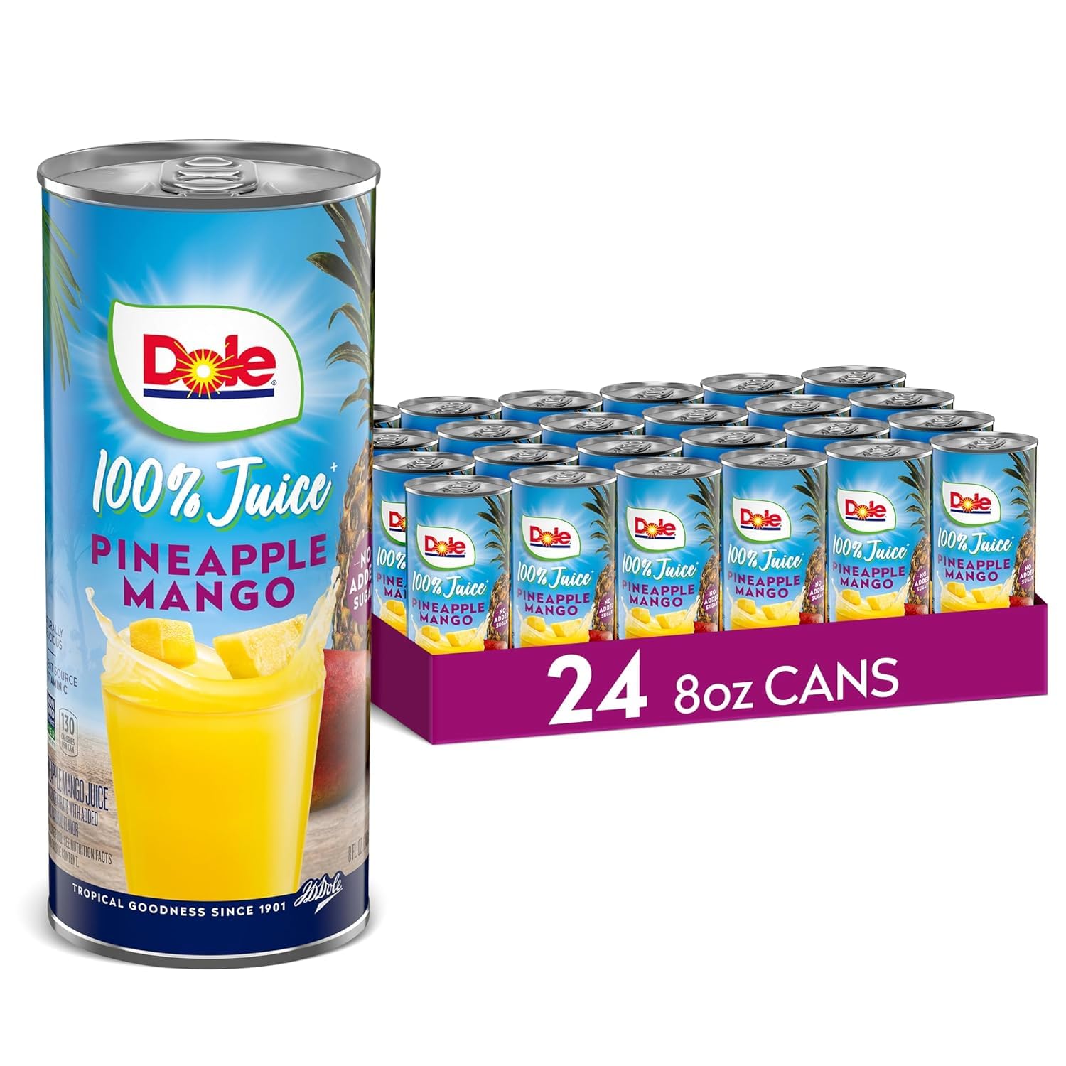 Dole front packaging showing 24-pack and tropical design for easy storage