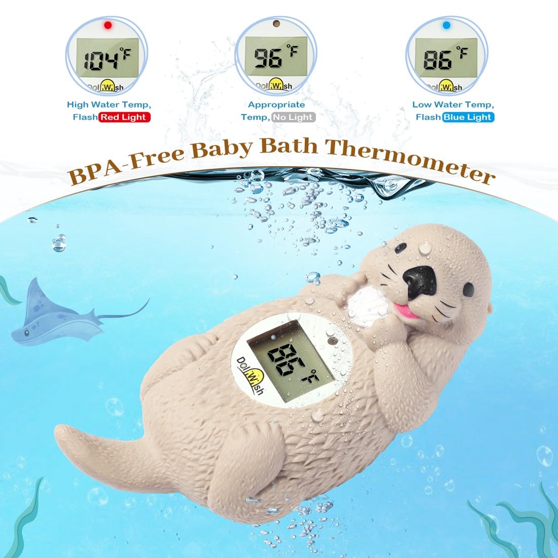 DoliWish termómetro Otter flotando en bañera con bebé, tranquilidad para padres
