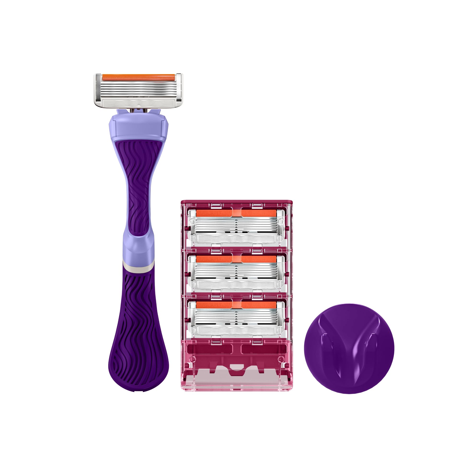 Dollar Shave Club mango morado frontal mostrando agarre ergonomico y control