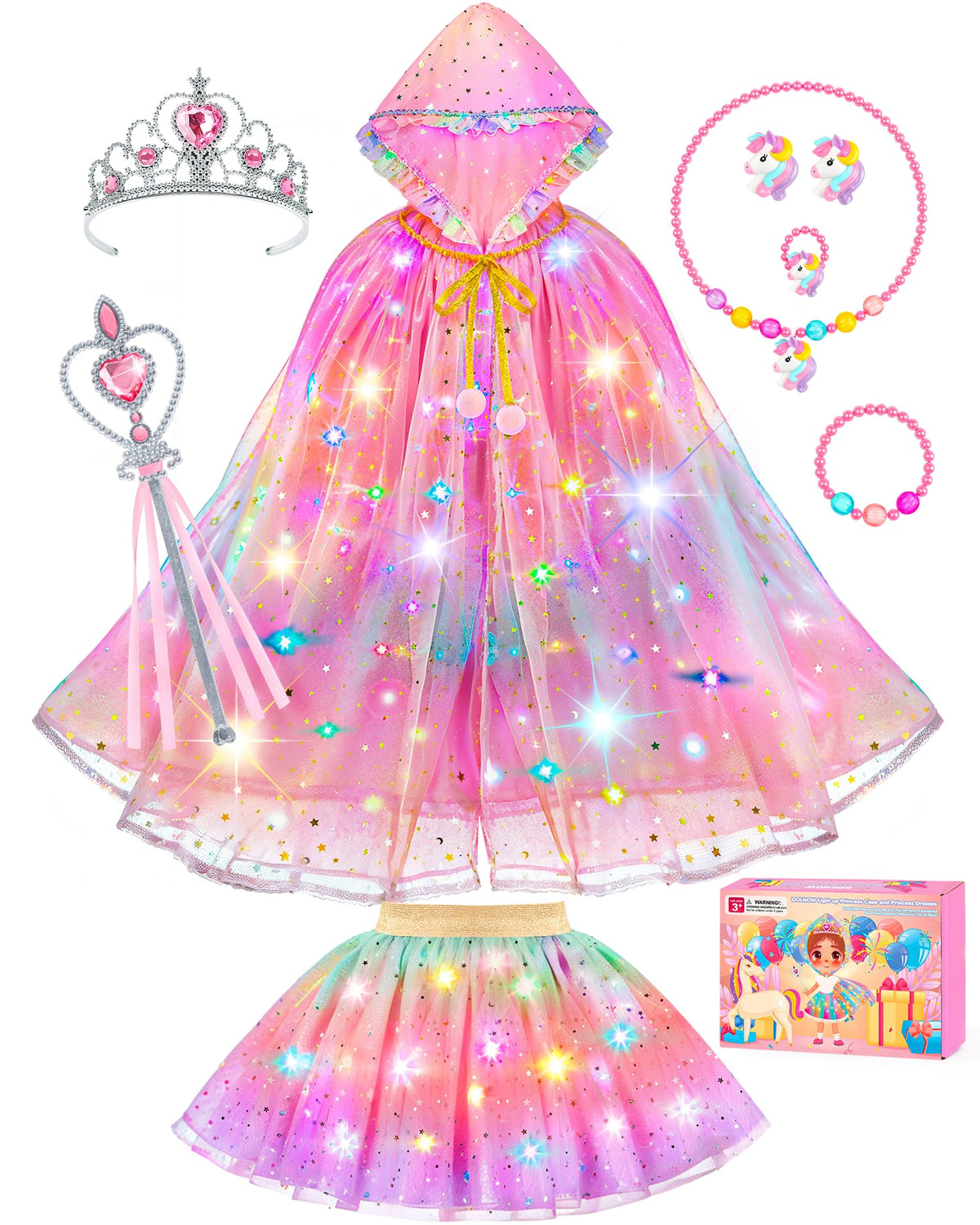 DOLNOW capa unicornio frontal mostrando luces y brillo para noches mágicas