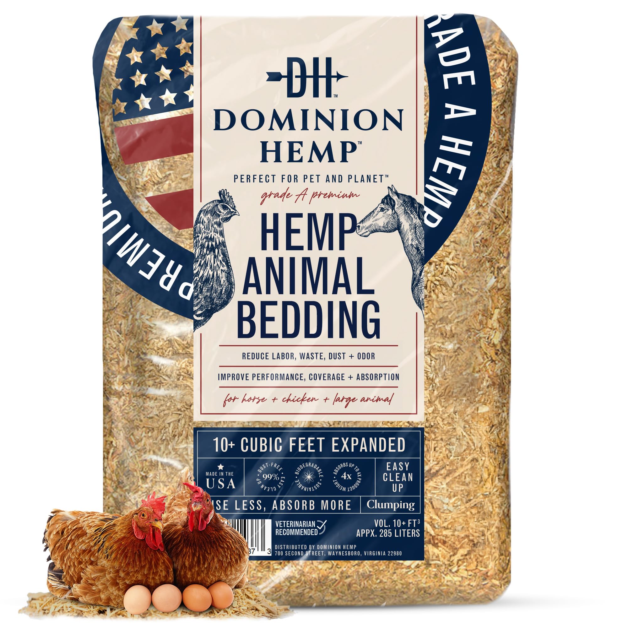 Logo DOMINION HEMP y paquete frontal mostrando volumen y beneficios