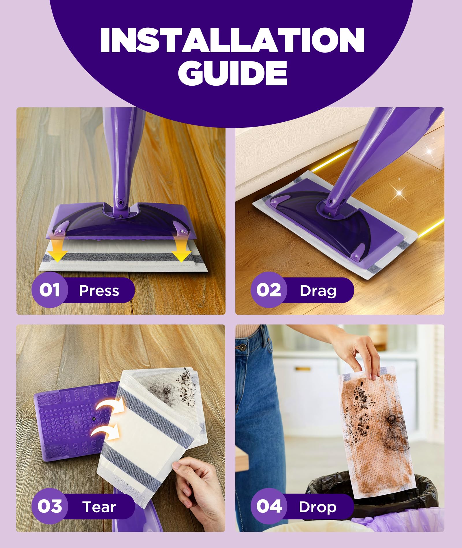 Domudy escala y tamaño comparado con un cabezal Swiffer para ajuste perfecto