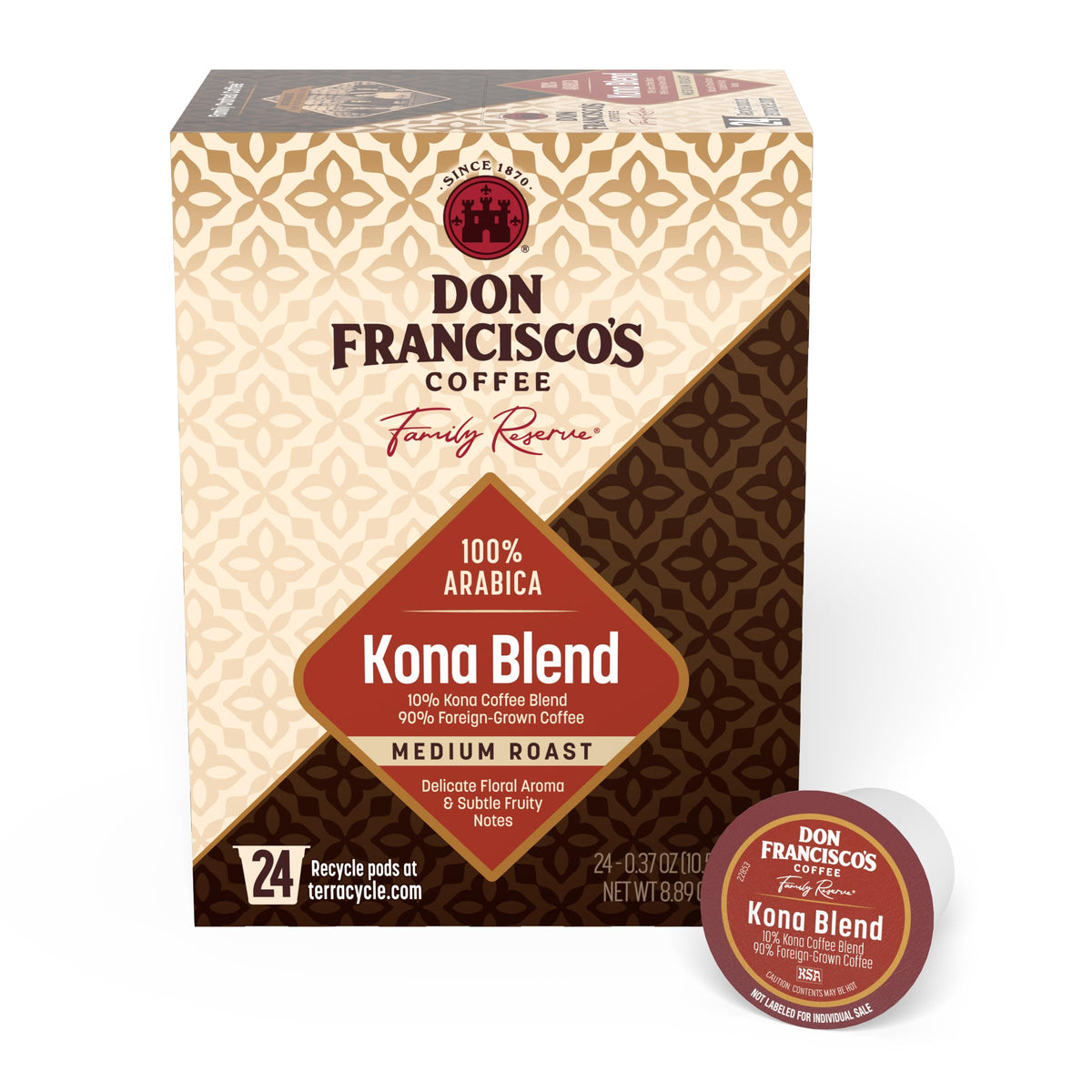 Don Francisco's frente del empaque Kona 24ct mostrando diseño y cantidad