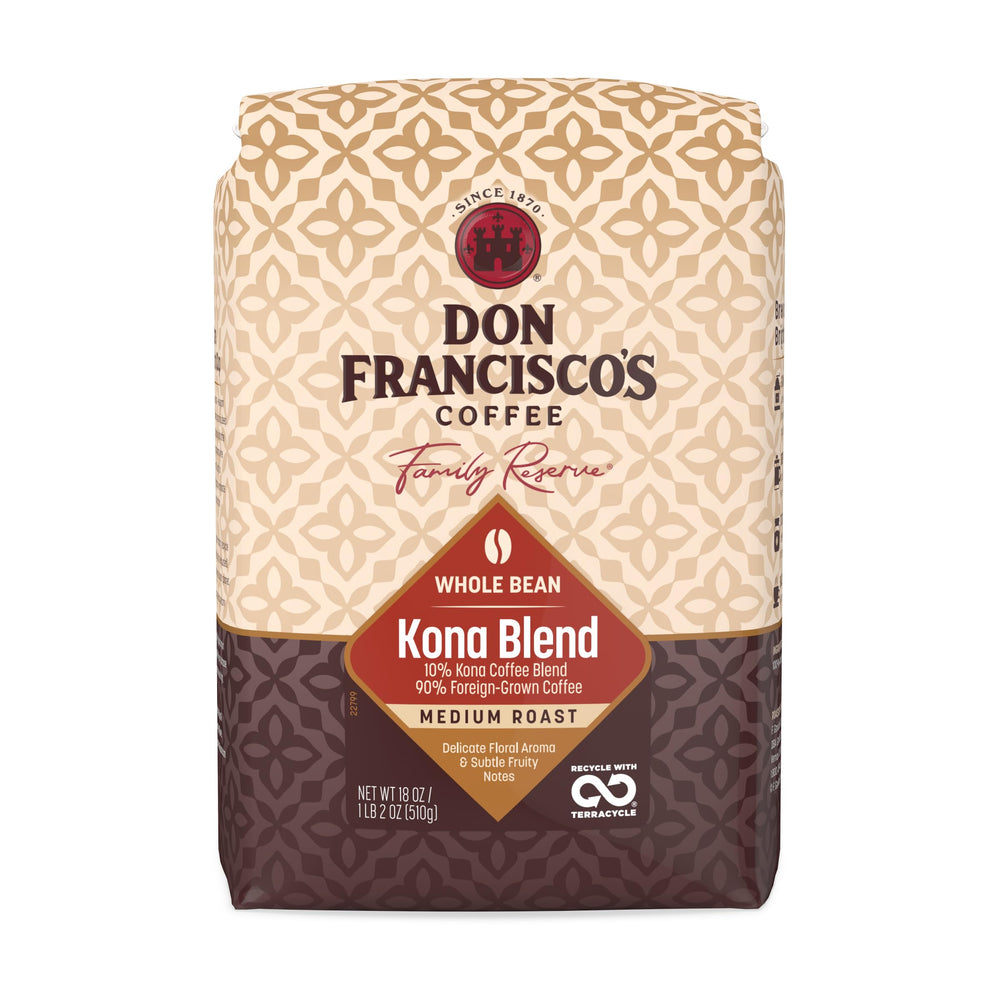 Don Francisco's empaque frontal 18 oz mostrando logo y aporte de Kona