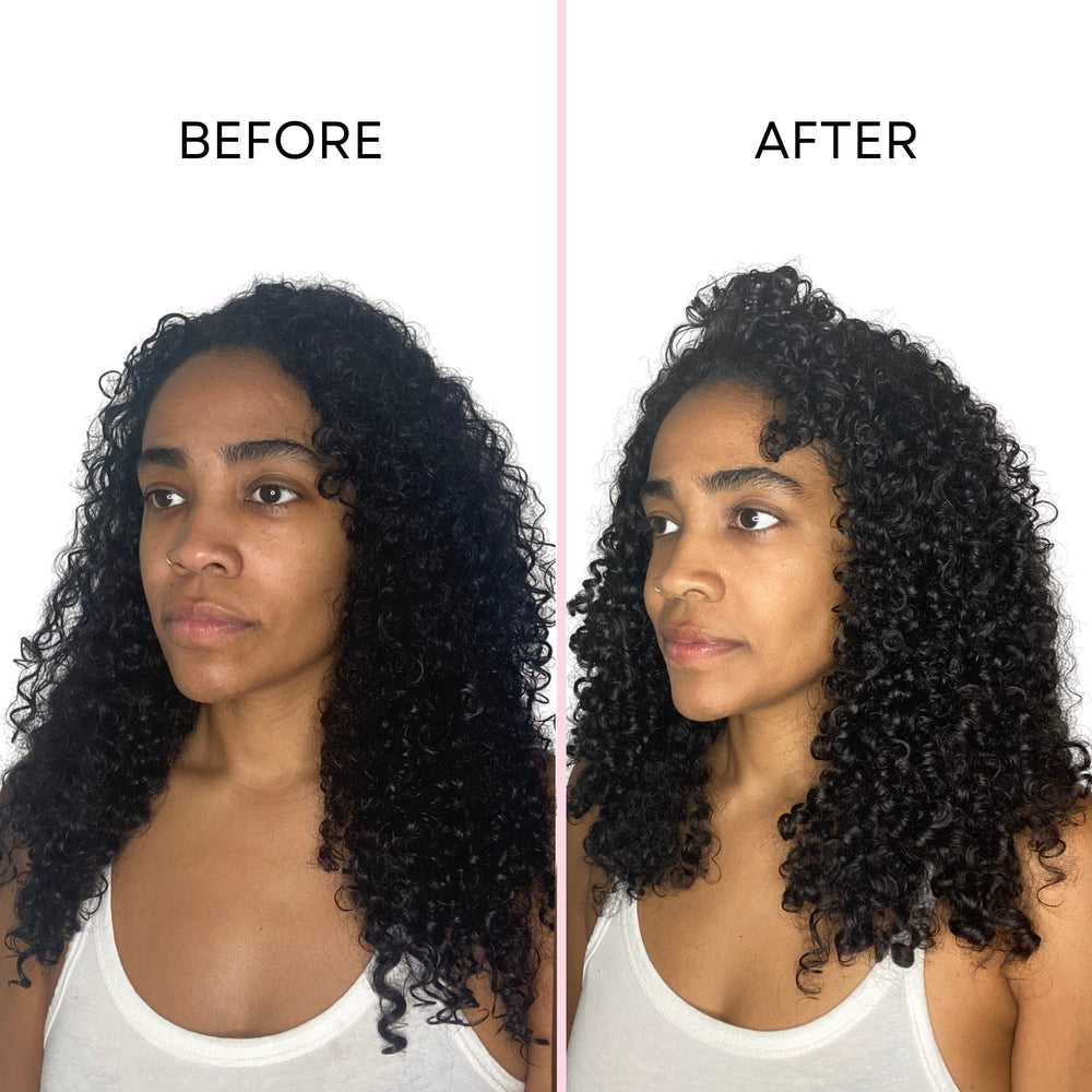 Donna's Recipe antes y después definiendo rizos con menos frizz