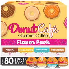 Donut Café front packaging showing 80-count variety pack and benefits
