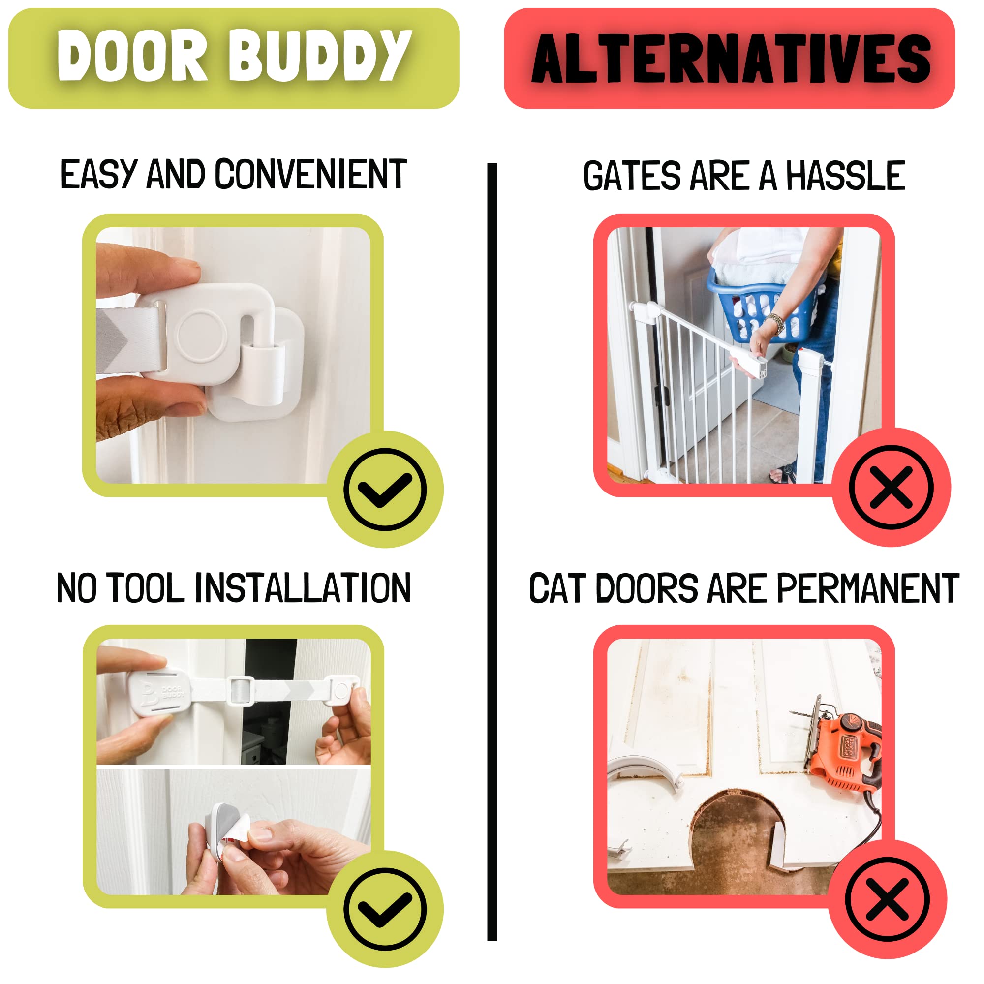 Door Buddy comparación de escala junto a puerta para ver tamaño y ajuste