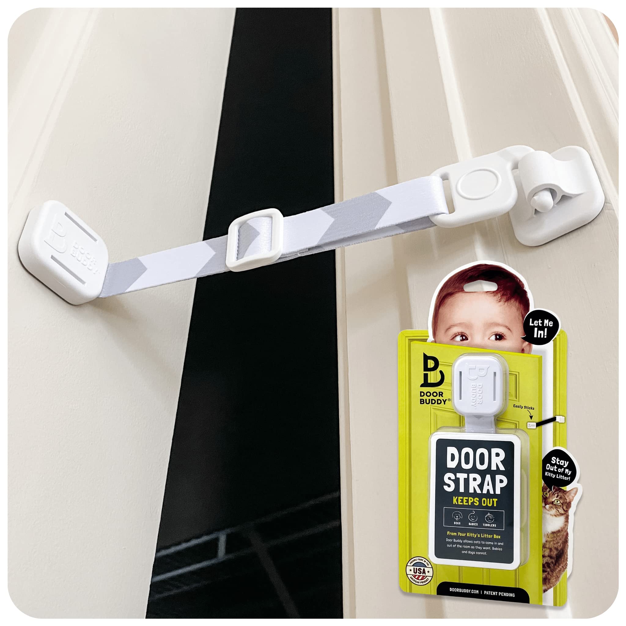 Door Buddy frontal empacado gris mostrando el producto y beneficios visibles