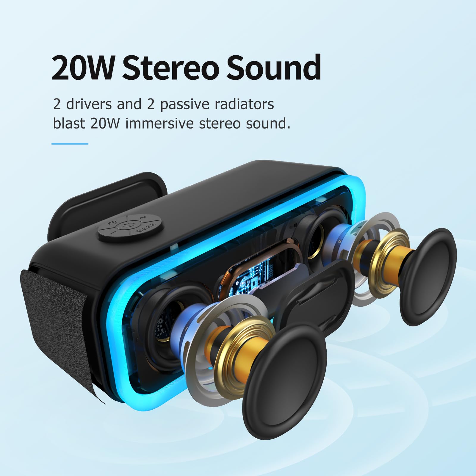 DOSS SoundBox Pro primer plano del radiador pasivo que realza los graves profundos