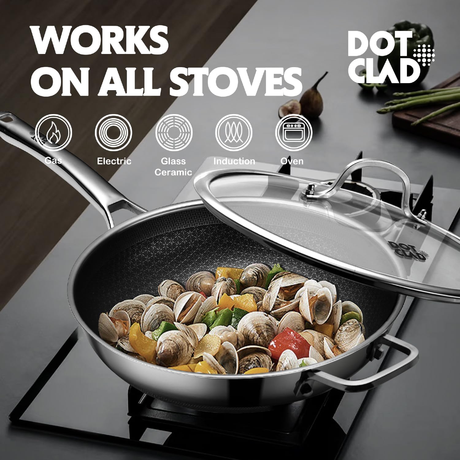 DOTCLAD wok comparado con utensilios para ver escala y capacidad