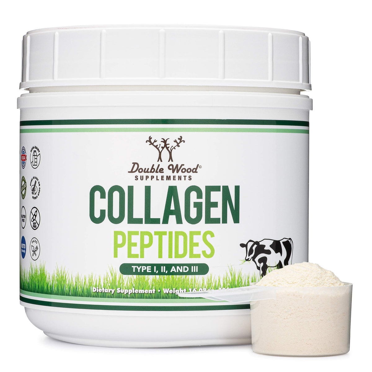 Double Wood envase frontal mostrando colágeno tipo I II III y beneficio de proteína