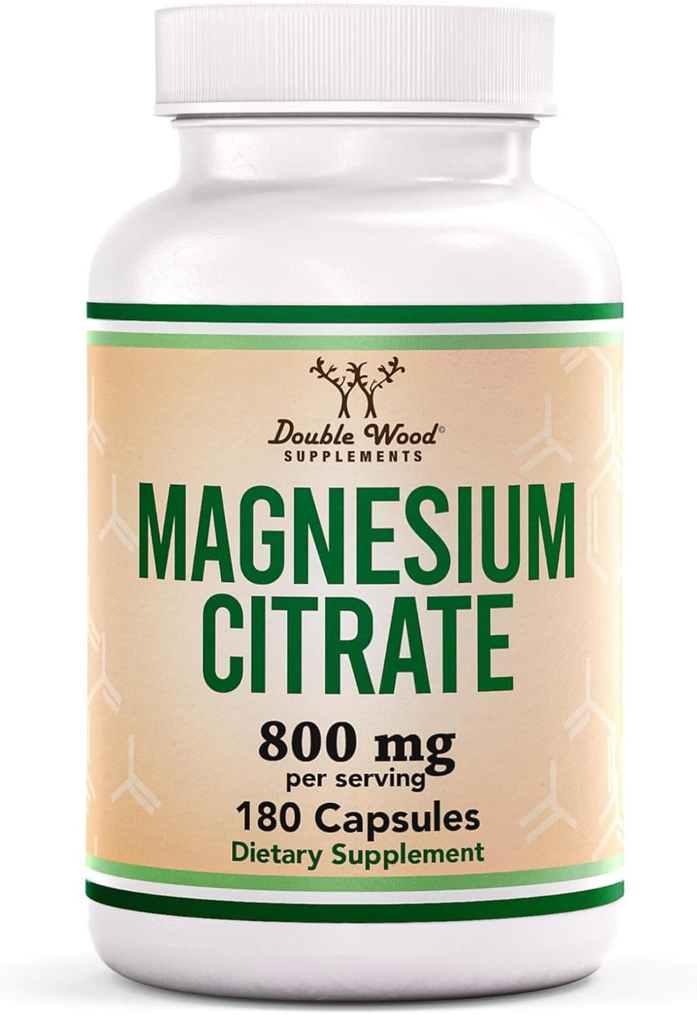 Double Wood envase frontal de Magnesium Citrate mostrando dosis y cantidad