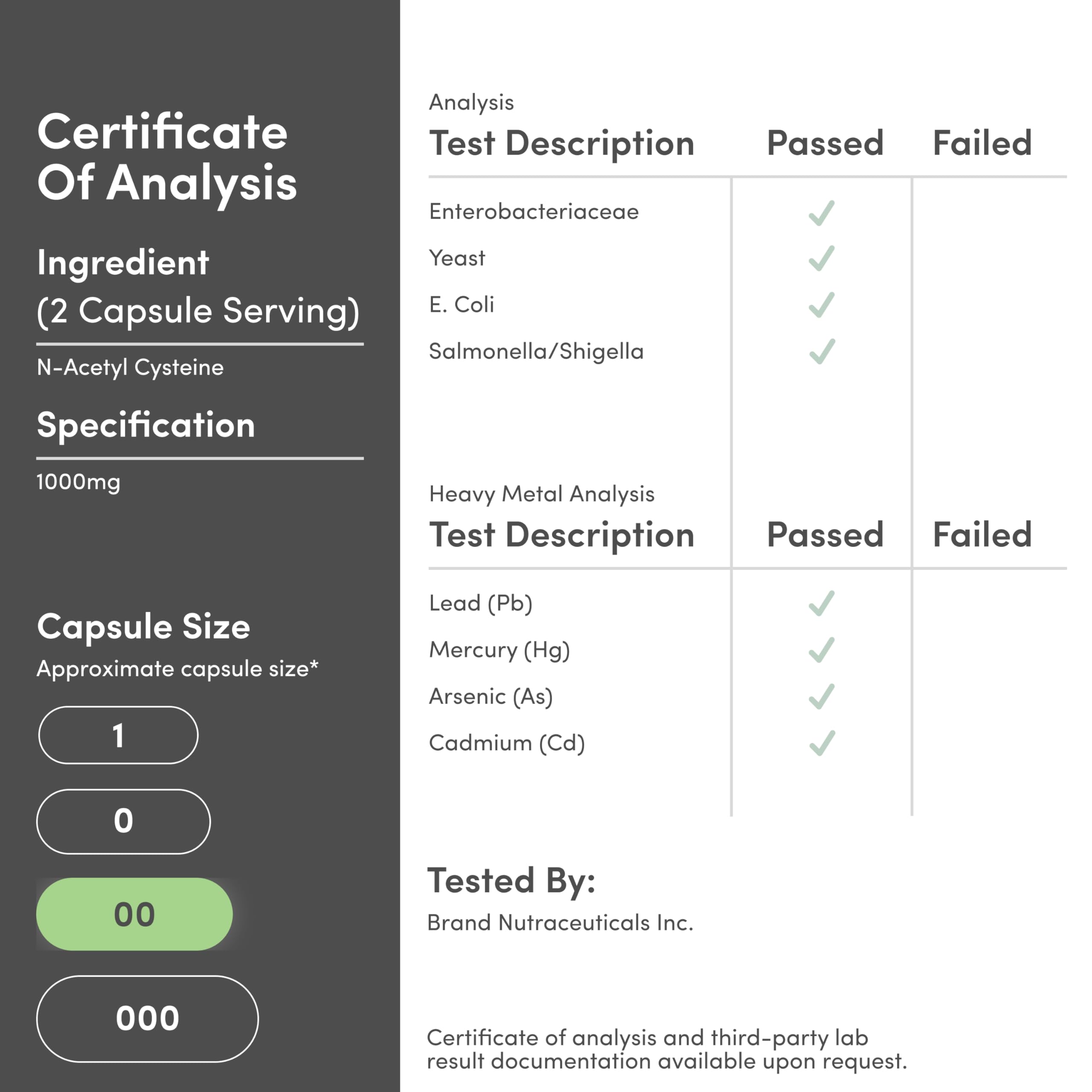 Etiqueta Double Wood NAC con información de pureza, dosis y certificaciones