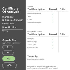 Etiqueta Double Wood NAC con información de pureza, dosis y certificaciones