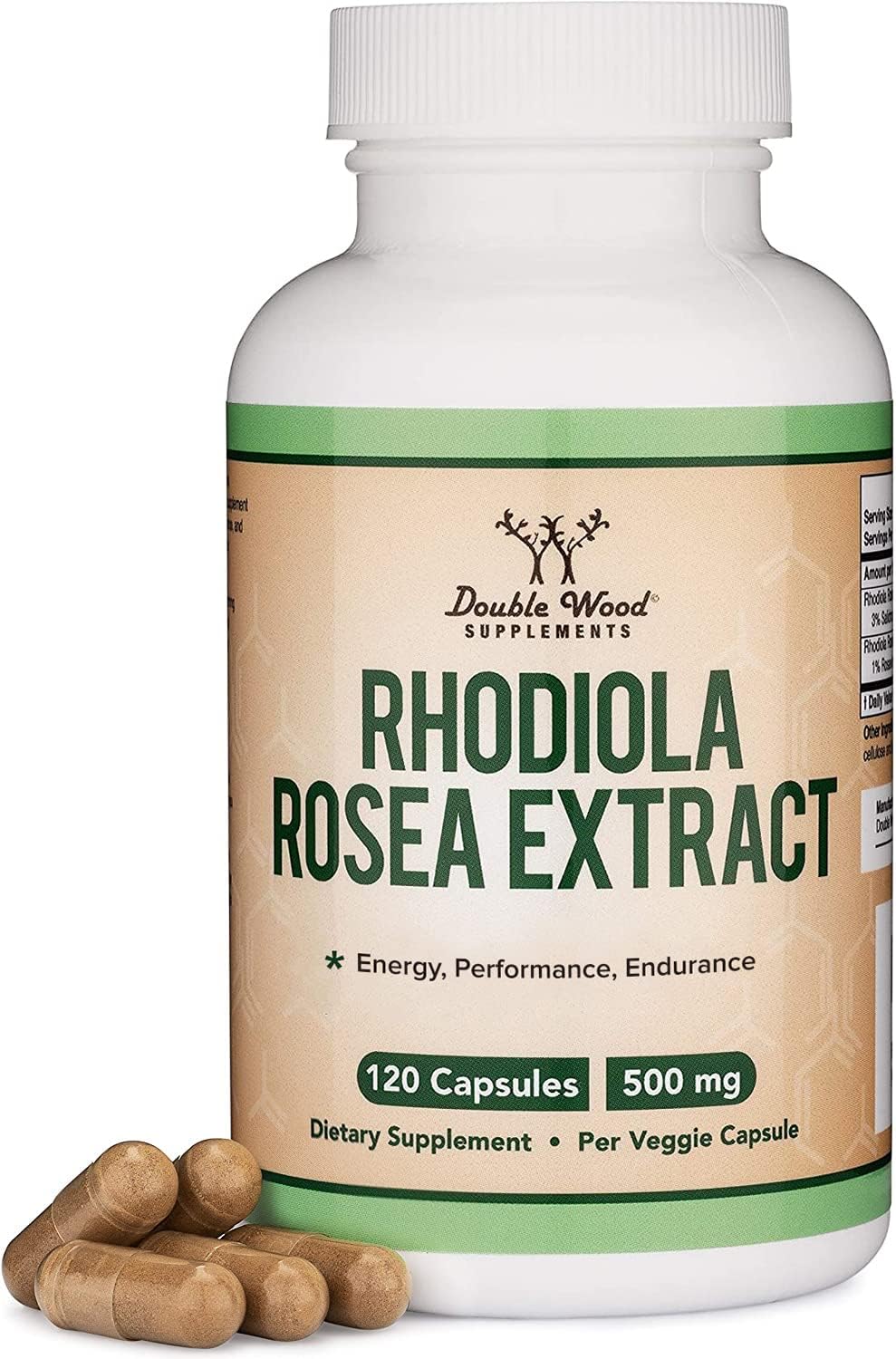 Double Wood Rhodiola Rosea frente del envase que muestra el tamaño y la presentación