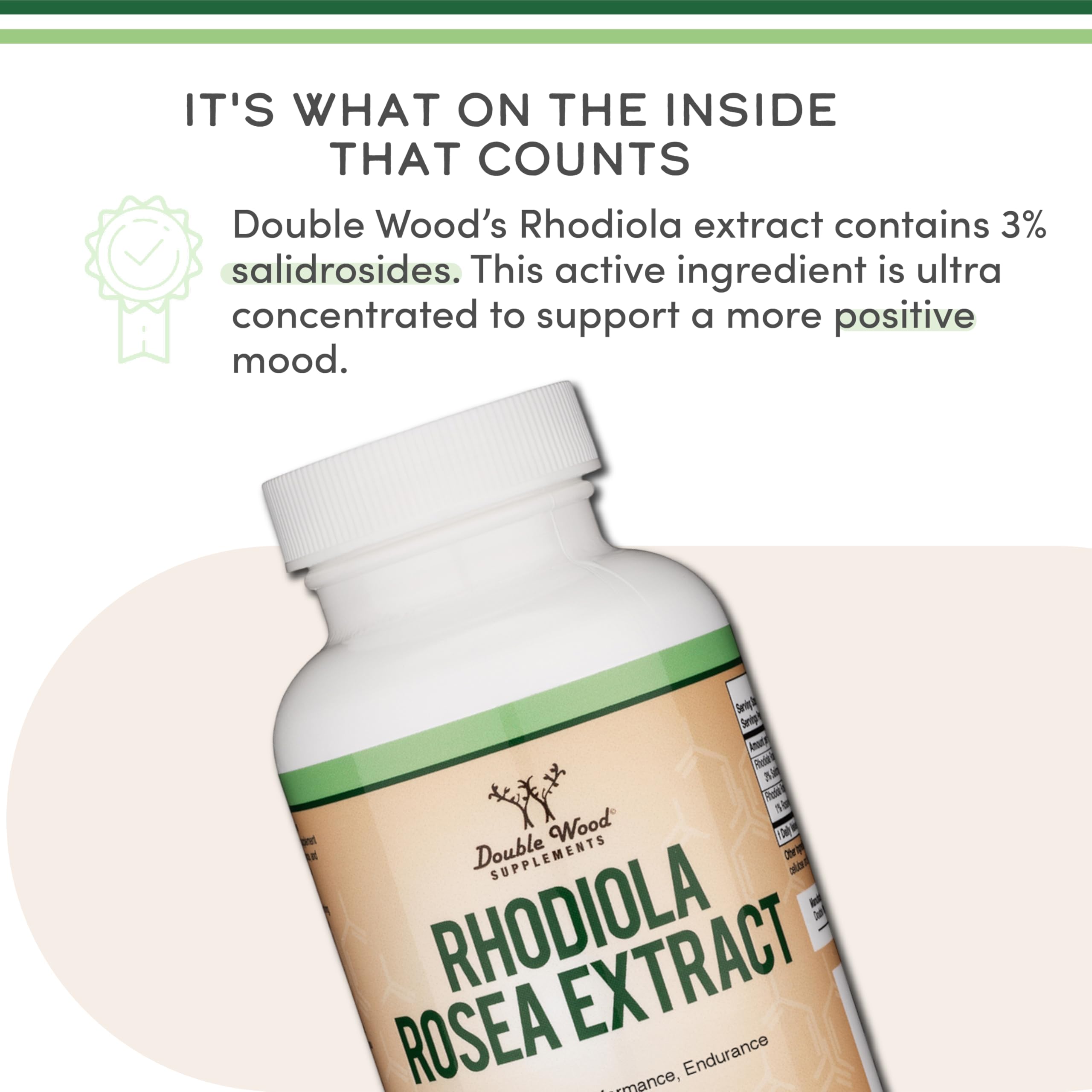 Frasco de Double Wood Rhodiola junto a una regla para comparar tamaño y cantidad