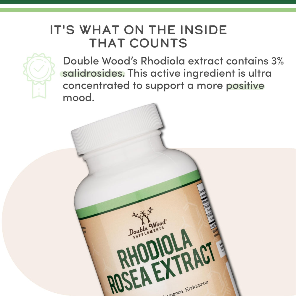 Frasco de Double Wood Rhodiola junto a una regla para comparar tamaño y cantidad