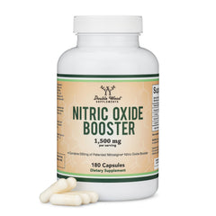 Double Wood envase frontal Nitric Oxide Booster mostrando dosis y beneficios
