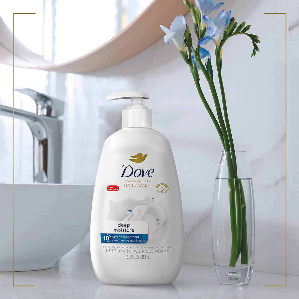 Dove botella comparada con mano para mostrar tamaño y fácil dispensado