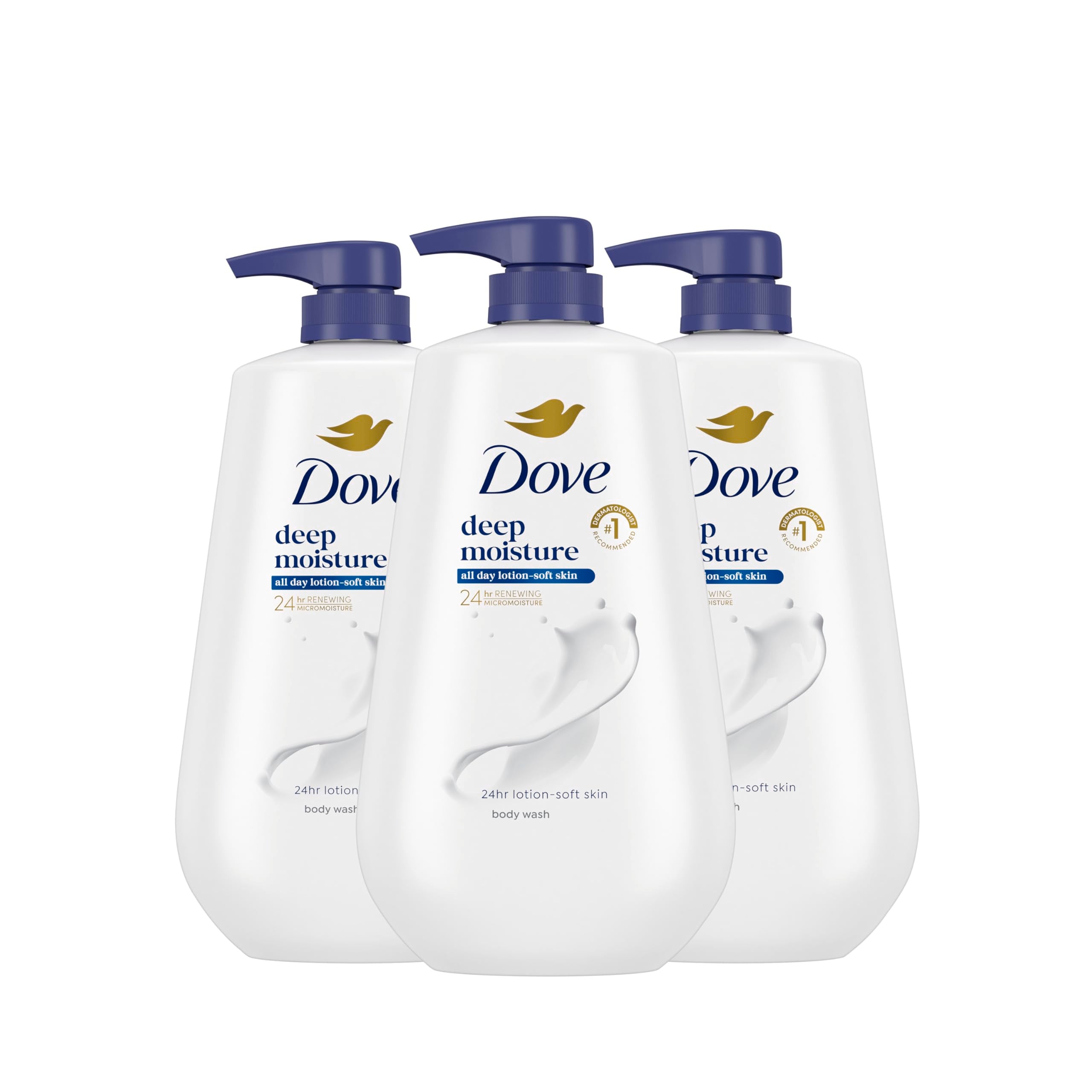 Dove envase frontal pack de 3 mostrando el dosificador y ahorro