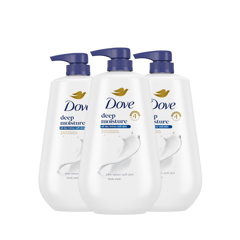 Dove envase frontal pack de 3 mostrando el dosificador y ahorro